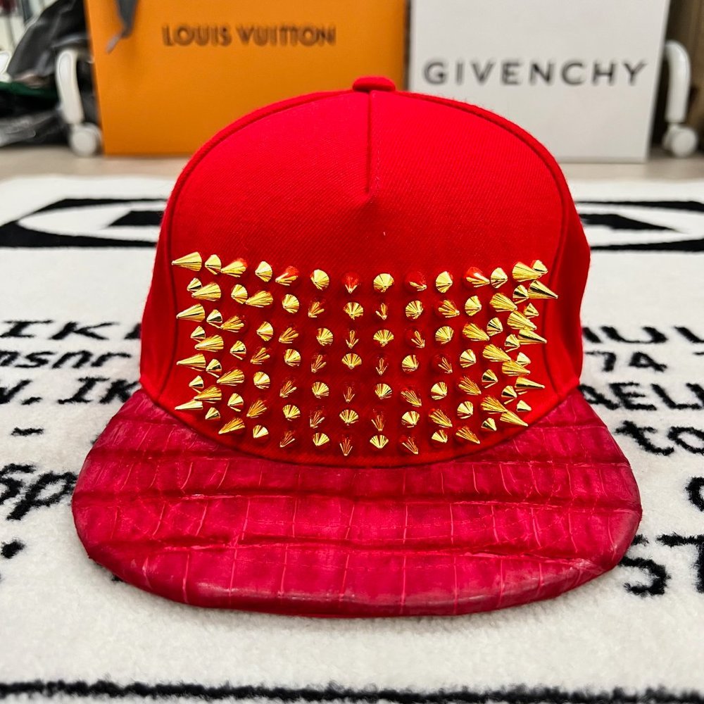 $850 1 of 1 Red Croc Leather Mix Strass Studded Hat With Gold Metal Buckle